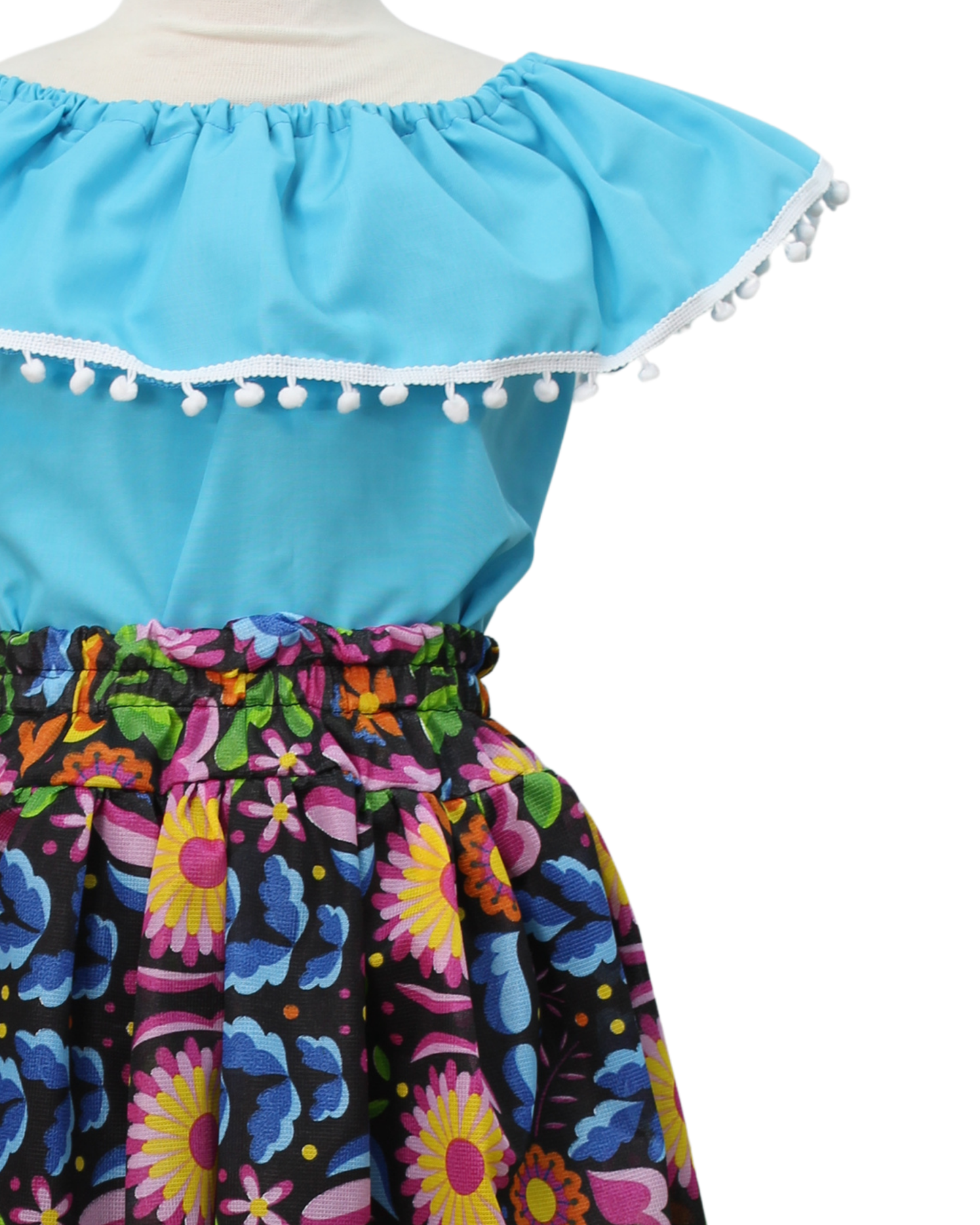 SET FALDA ADELITA FLORES  BLUSA CAMPESINA AZUL POMPON BLANCO