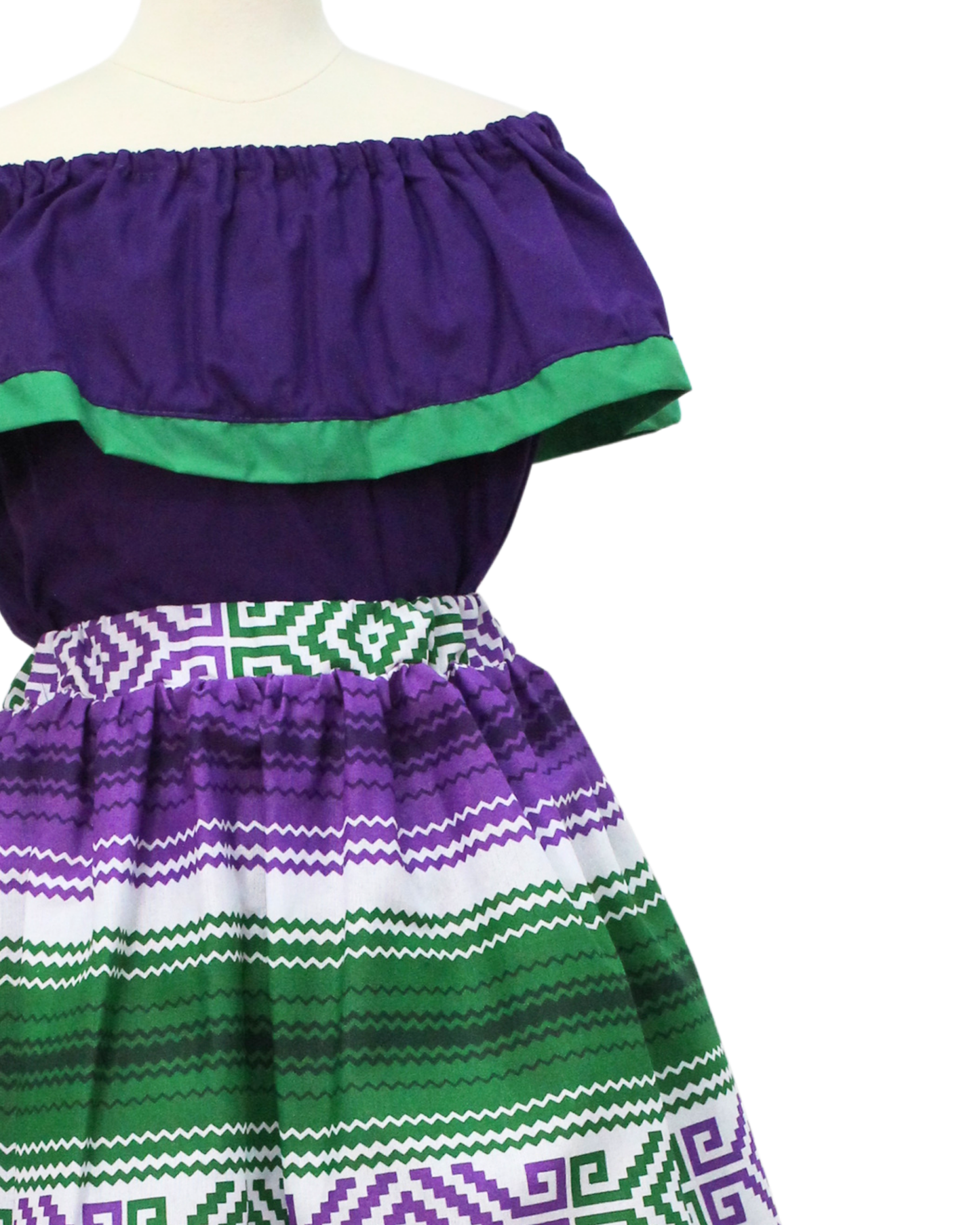 SET FALDA ADELITA RAYADAS  BLUSA CAMPESINA MORADA FRANJA VERDE