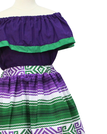 SET FALDA ADELITA RAYADAS  BLUSA CAMPESINA MORADA FRANJA VERDE