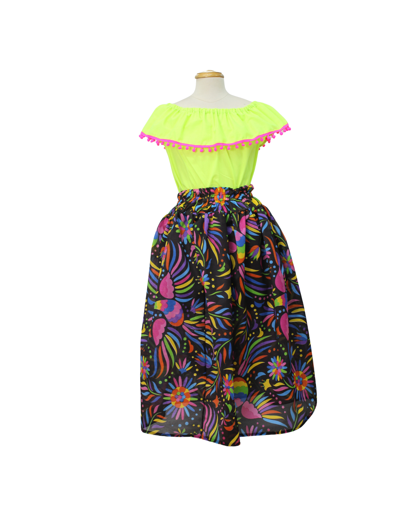SET FALDA ADELITA FLORES  BLUSA CAMPESINAVERDE NEON POMPON ROSA