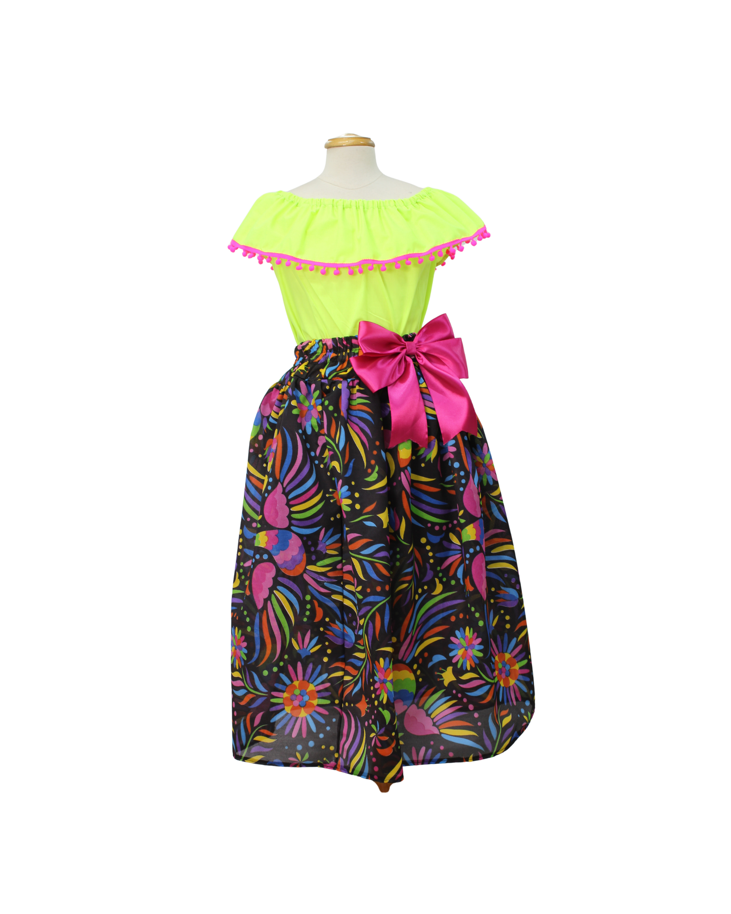 SET FALDA ADELITA FLORES  BLUSA CAMPESINAVERDE NEON POMPON ROSA