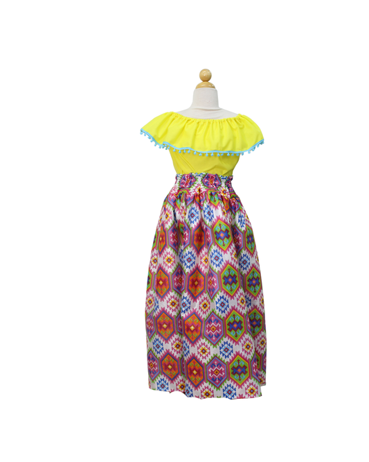 SET FALDA ADELITA CUADROS BLUSA CAMPESINA AMARILLO POMPON AZUL