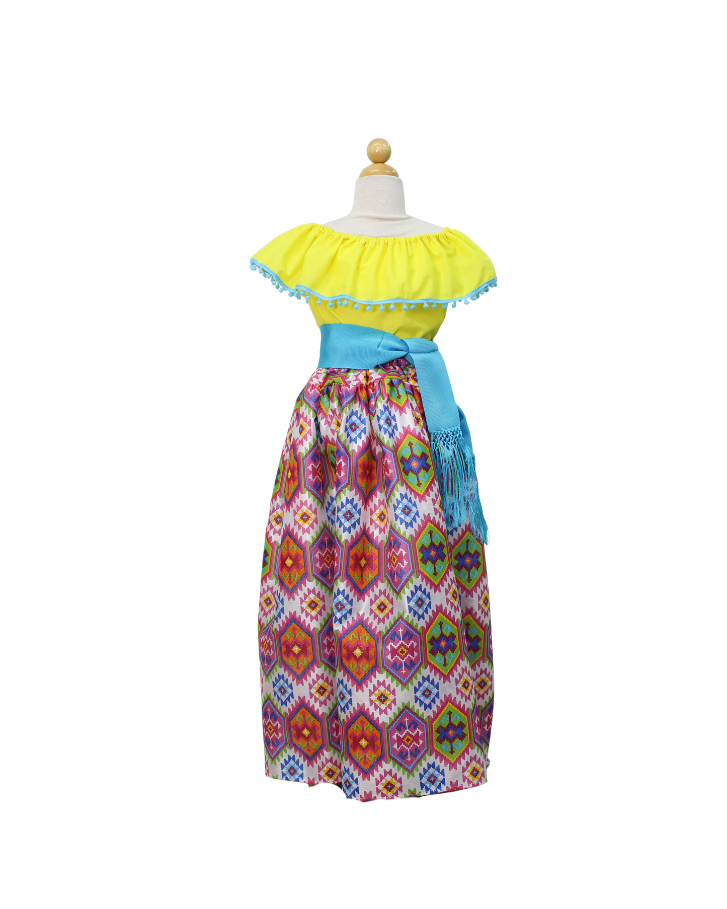 SET FALDA ADELITA CUADROS BLUSA CAMPESINA AMARILLO POMPON AZUL