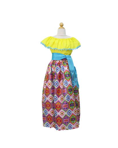 SET FALDA ADELITA CUADROS BLUSA CAMPESINA AMARILLO POMPON AZUL