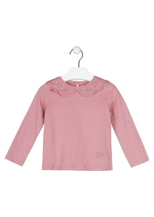 blusa rosa manga larga, cuello flores