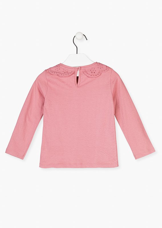 blusa rosa manga larga, cuello flores