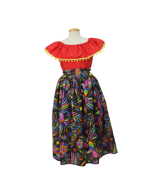 SET FALDA ADELITA FLORES BLUSA CAMPESINA ROJA POMPON AMARILLO