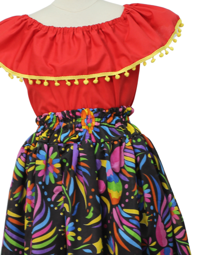 SET FALDA ADELITA FLORES BLUSA CAMPESINA ROJA POMPON AMARILLO