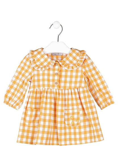 vestido manga larga, cuadros mostaza de franela