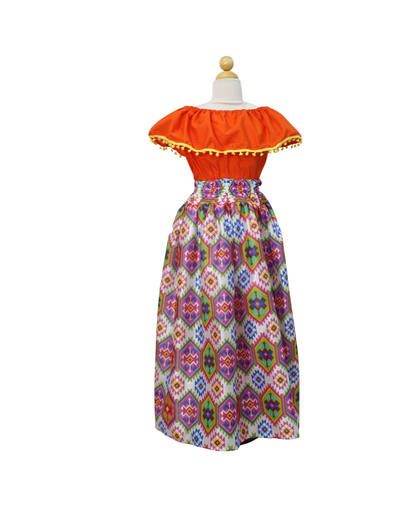 SET FALDA ADELITA CUADROS BLUSA CAMPESINA NARANJA POMPON AMARILLO