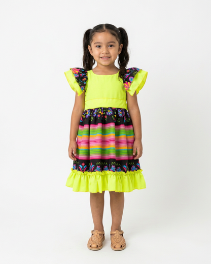 VESTIDO ADELITA TIPICO PATRIO ELEGANTE PETO AMARILLO NOEN FALDA RAYAS NEGRO