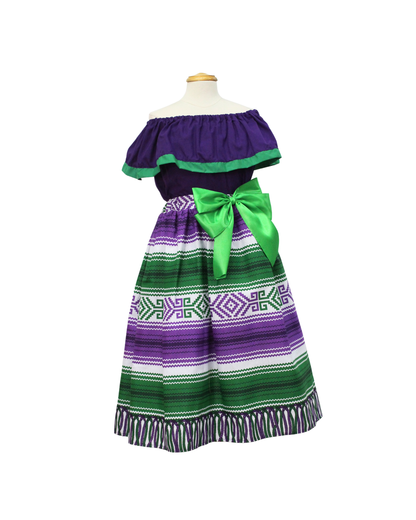 SET FALDA ADELITA RAYADAS  BLUSA CAMPESINA MORADA FRANJA VERDE