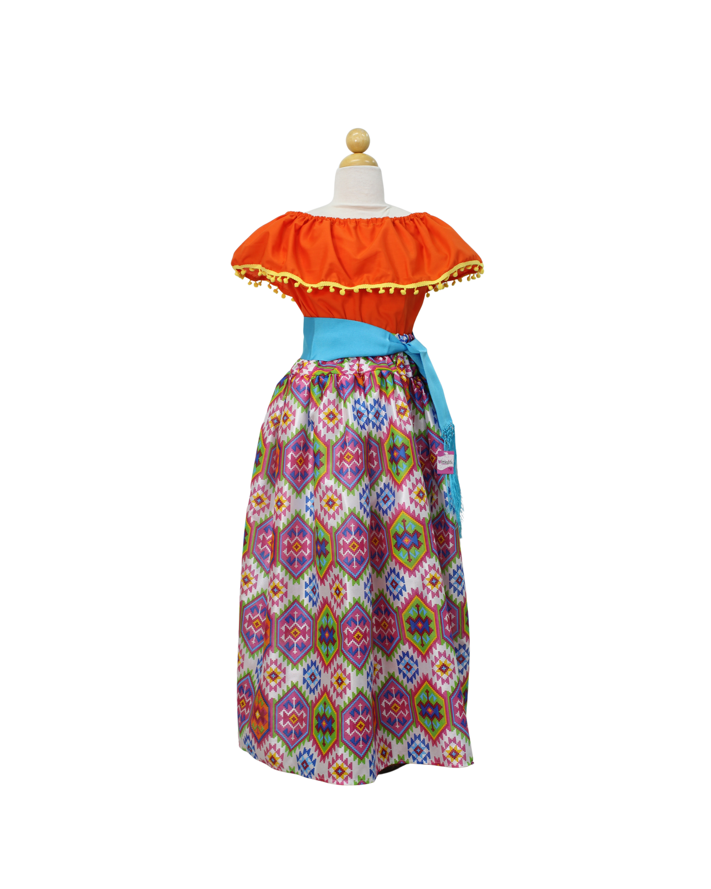 SET FALDA ADELITA CUADROS BLUSA CAMPESINA NARANJA POMPON AMARILLO