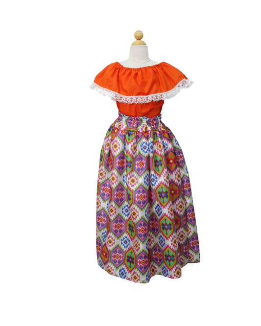 SET FALDA ADELITA CUADROS BLUSA CAMPESINA NARANJA ENCAJE BLANCO