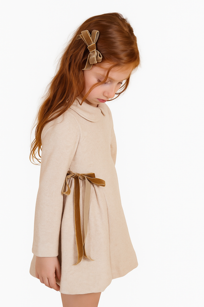 Vestido tejido beige cuello bebe 2 moños laterales terciopelo