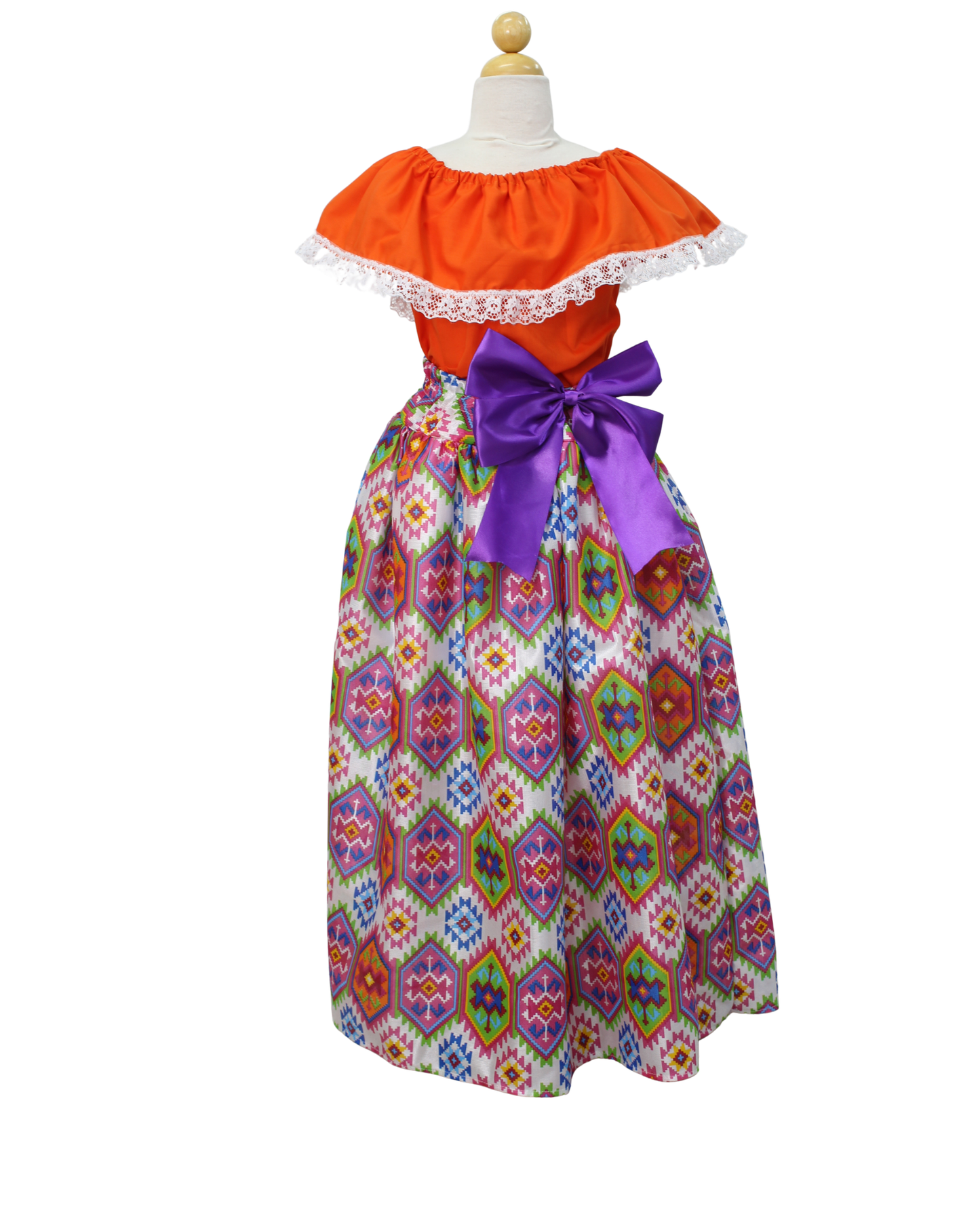 SET FALDA ADELITA CUADROS BLUSA CAMPESINA NARANJA ENCAJE BLANCO