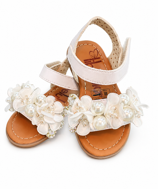 Huarache Juliette Paloma Blanco Flores y Perlas