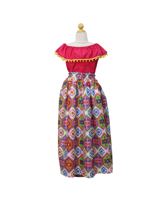 SET FALDA ADELITA CUADROS BLUSA CAMPESINA ROSA POMPON AMARILLO