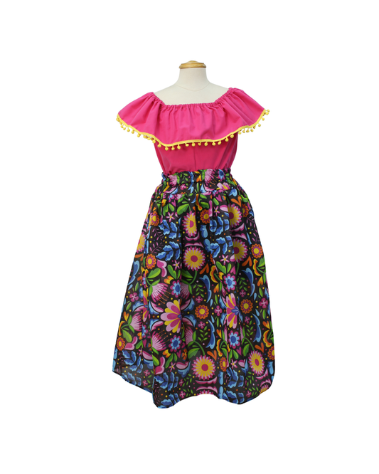 SET FALDA ADELITA FLORES BLUSA CAMPESINA ROSA POMPON AMARILLO