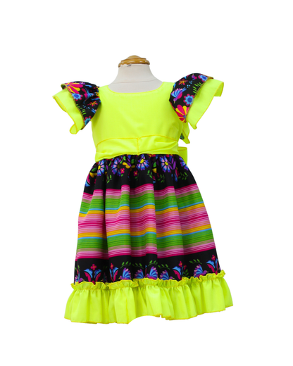 VESTIDO ADELITA TIPICO PATRIO ELEGANTE PETO AMARILLO NOEN FALDA RAYAS NEGRO
