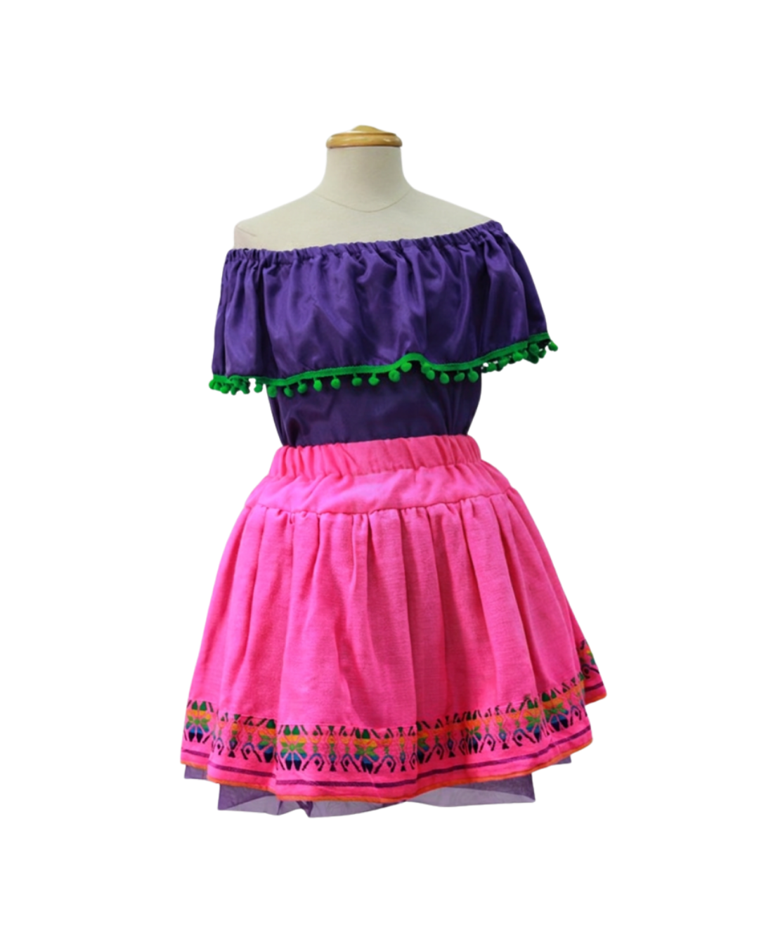 SET PATRIO TUTU CON BLUSA CAMPESINA MORADO POMPON AVERDE, FALDA CAMBAYA ROSA