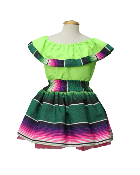 SET PATRIO TUTU CON BLUSA CAMPESINA NEON, OLAN Y FALDA SALTILL0