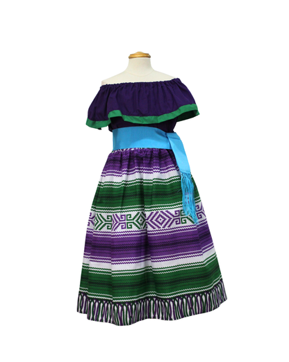 SET FALDA ADELITA RAYADAS  BLUSA CAMPESINA MORADA FRANJA VERDE