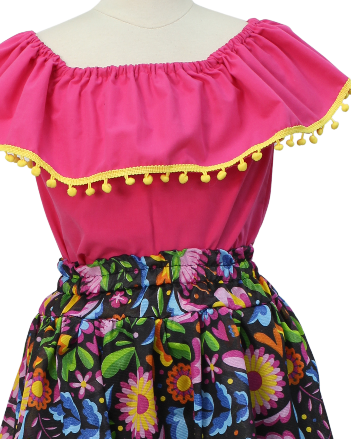 SET FALDA ADELITA FLORES BLUSA CAMPESINA ROSA POMPON AMARILLO