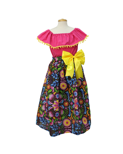 SET FALDA ADELITA FLORES BLUSA CAMPESINA ROSA POMPON AMARILLO