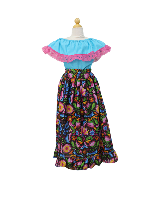 SET FALDA ADELITA FLORES BLUSA CAMPESINA AZUL ENCAJE ROSA
