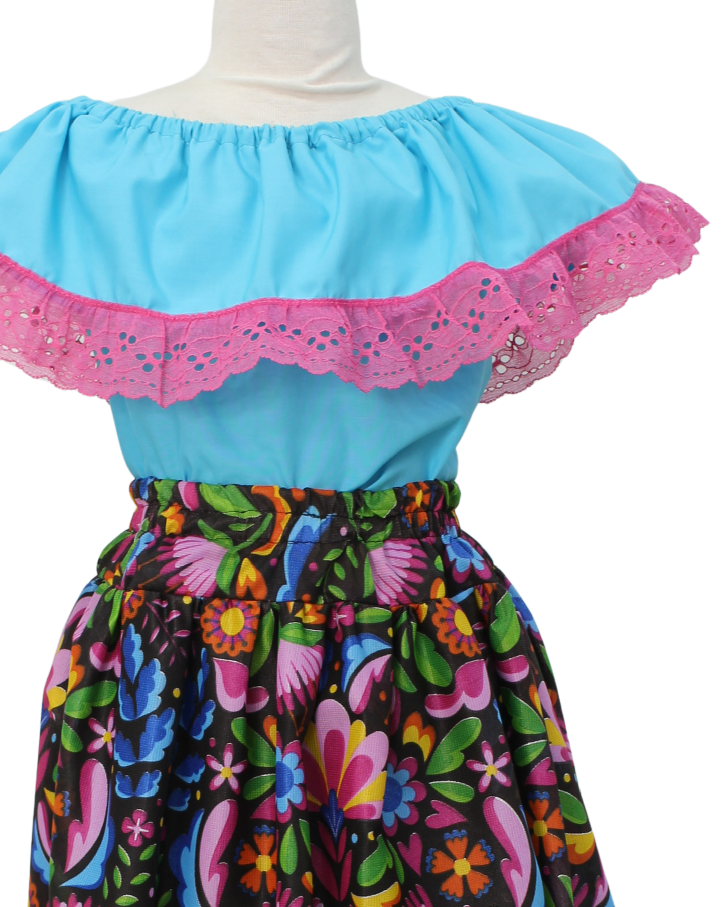 SET FALDA ADELITA FLORES BLUSA CAMPESINA AZUL ENCAJE ROSA