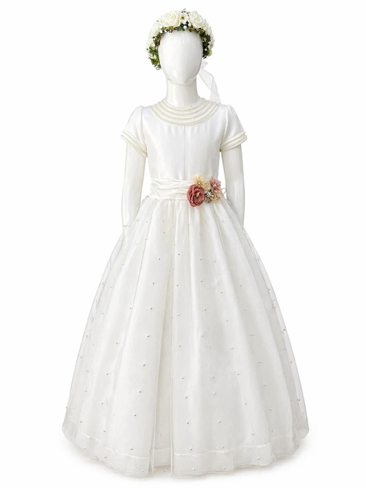 vestido primera comunión, perlas en falda de tul
