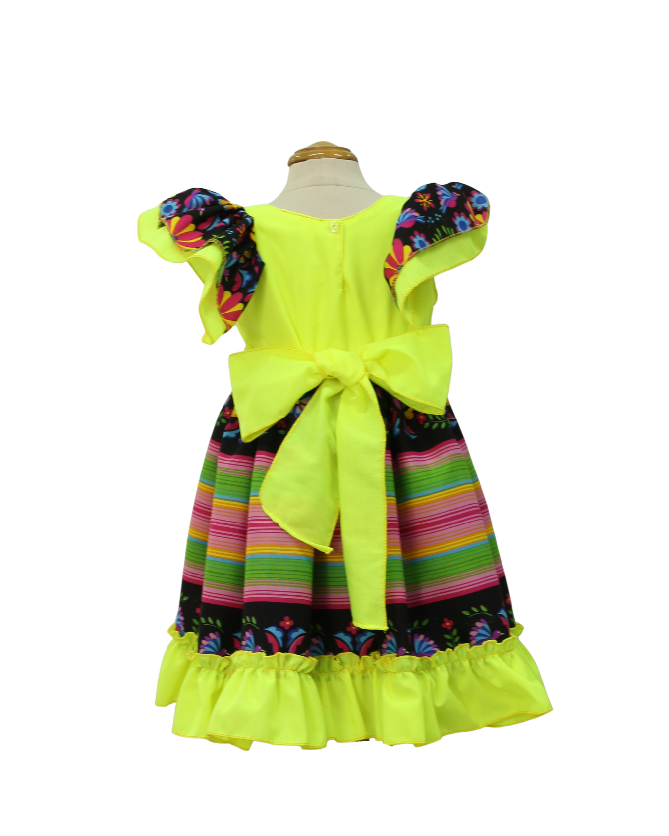 VESTIDO ADELITA TIPICO PATRIO ELEGANTE PETO AMARILLO NOEN FALDA RAYAS NEGRO