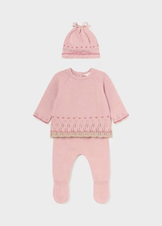 Conjunto tejido sugar rosa. polaina, gorro y pantalón
