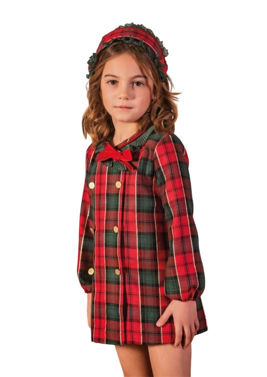 vestido recto de cuadros con volante plisado