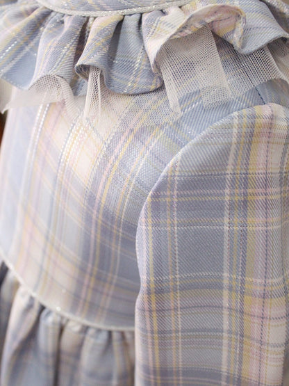 vestido corte cintura alta, cuadros pastel