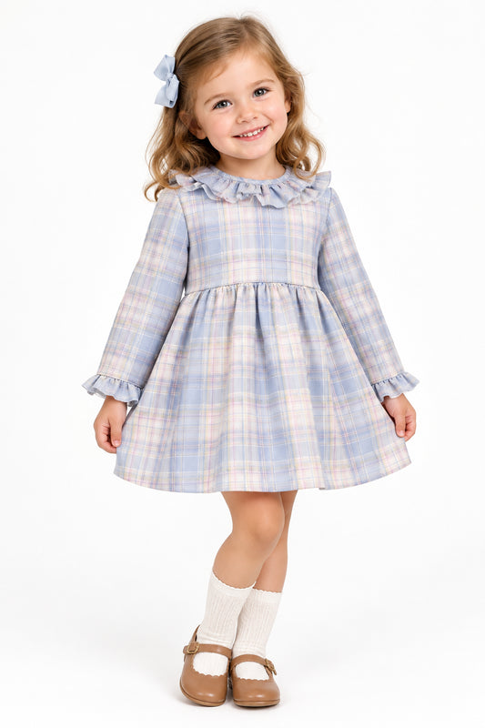 vestido corte cintura alta, cuadros pastel