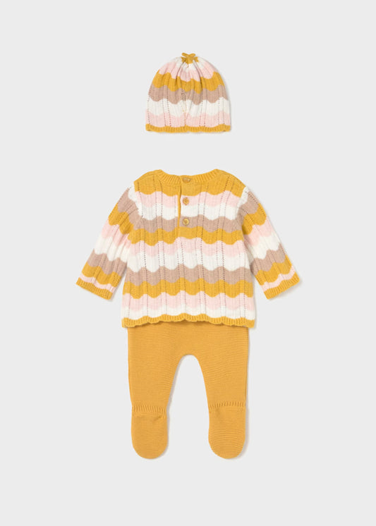 Conjunto 3 piezas, jersey, pantalón y gorro tricot, amarillo manzanilla