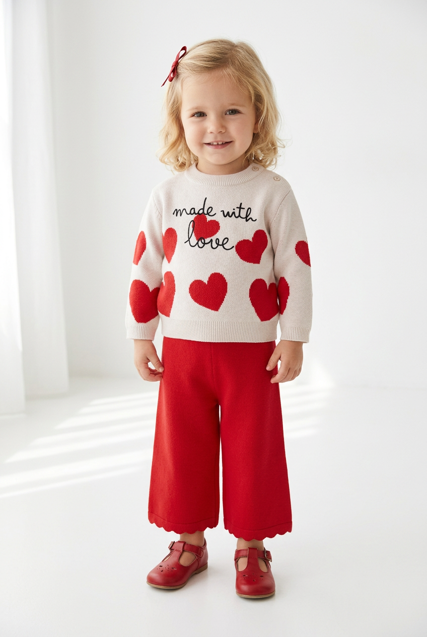 Conjunto pantalón y jersey corazones rojo y nuez