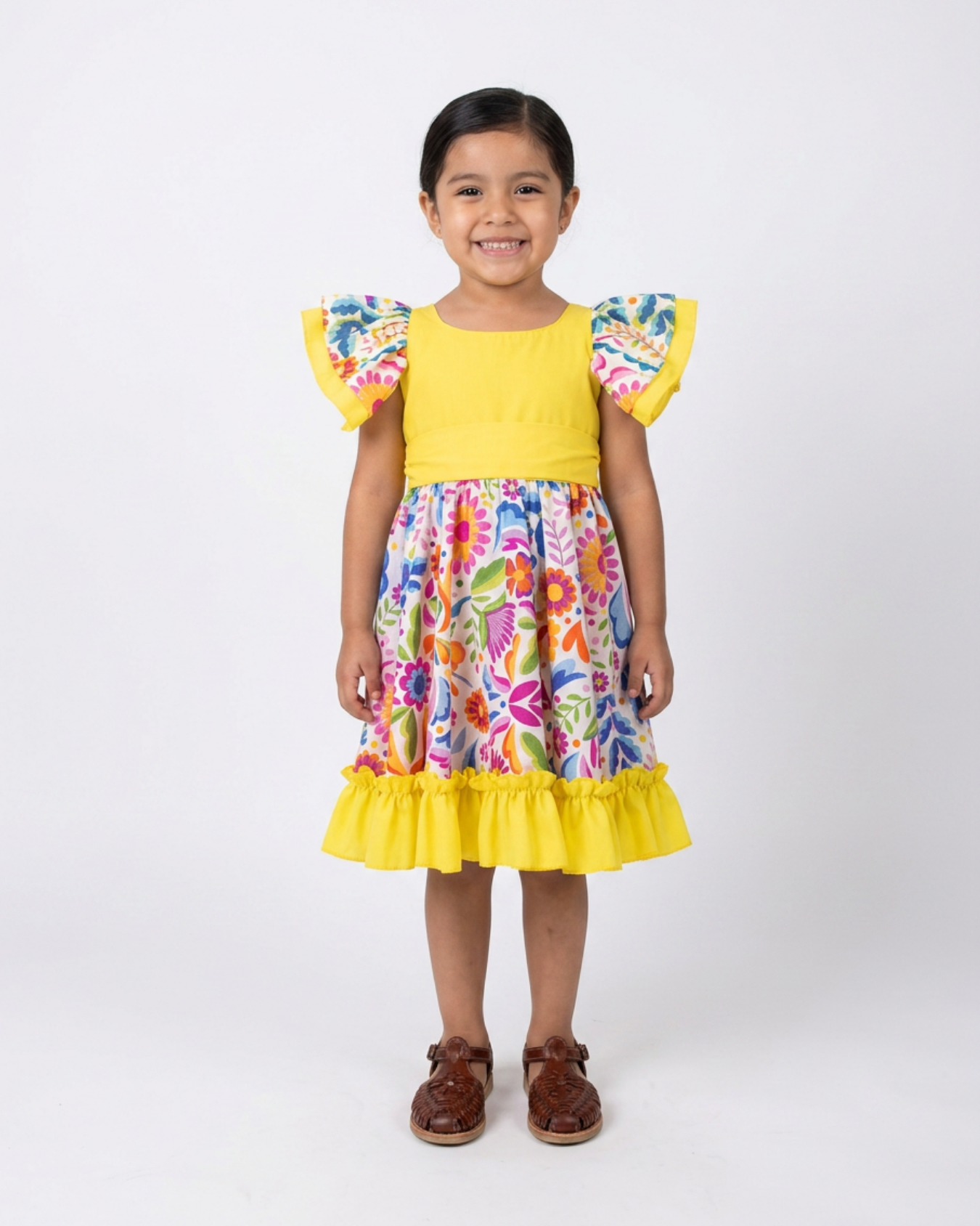 VESTIDO ADELITA TIPICO PATRIO ELEGANTE PETO AMARILLO FALDA  FLORES BLANCA
