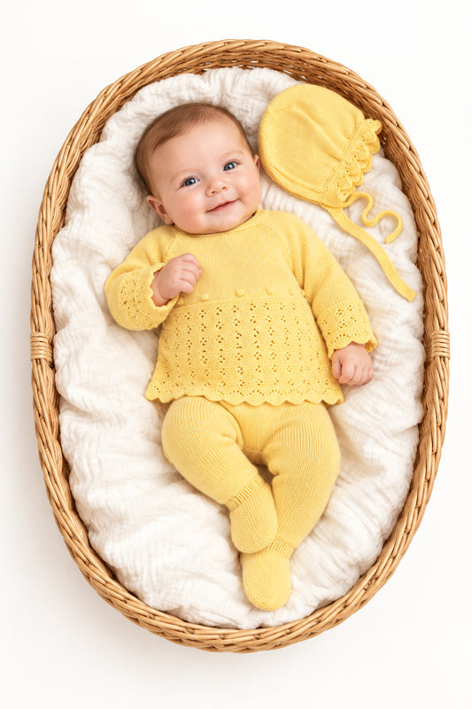 Conjunto de tres piezas con empièce calado y bodoques amarillo