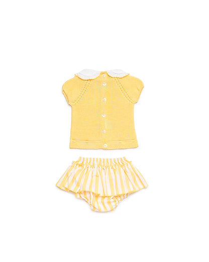 Conjunto con braga con volante en tela rayas amarillas.
