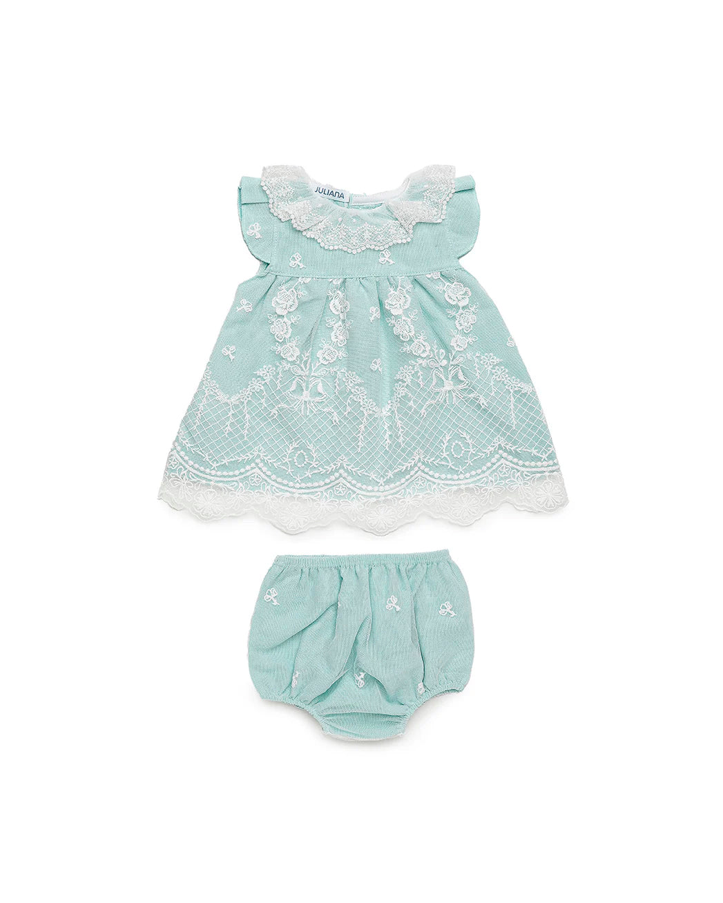 Vestido azul con tul bordado blanco