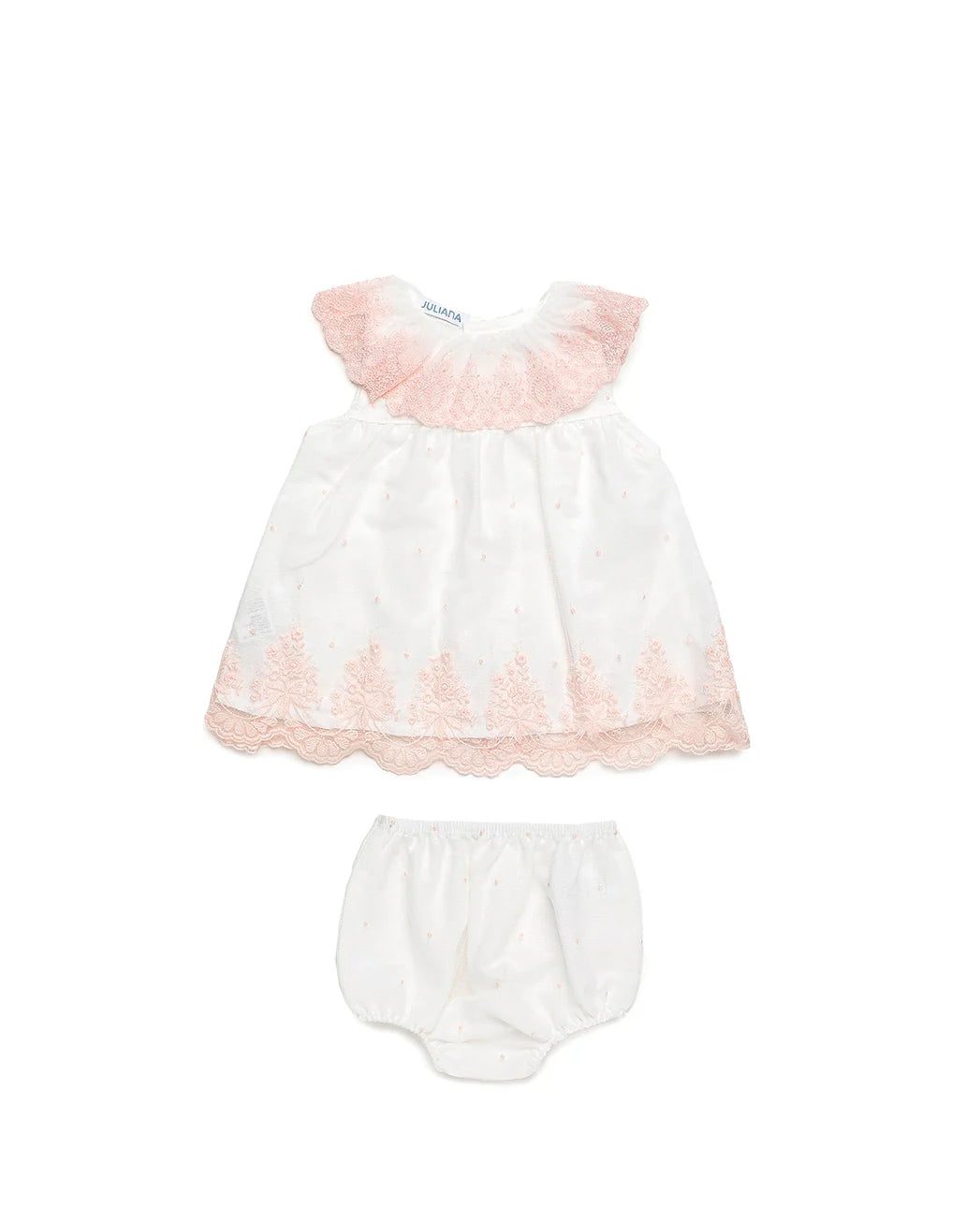 Vestido blanco tul bordado rosa