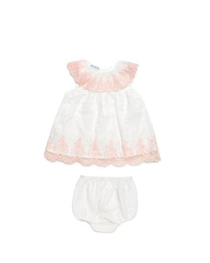 Vestido blanco tul bordado rosa