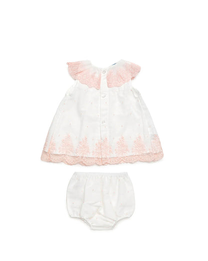 Vestido blanco tul bordado rosa