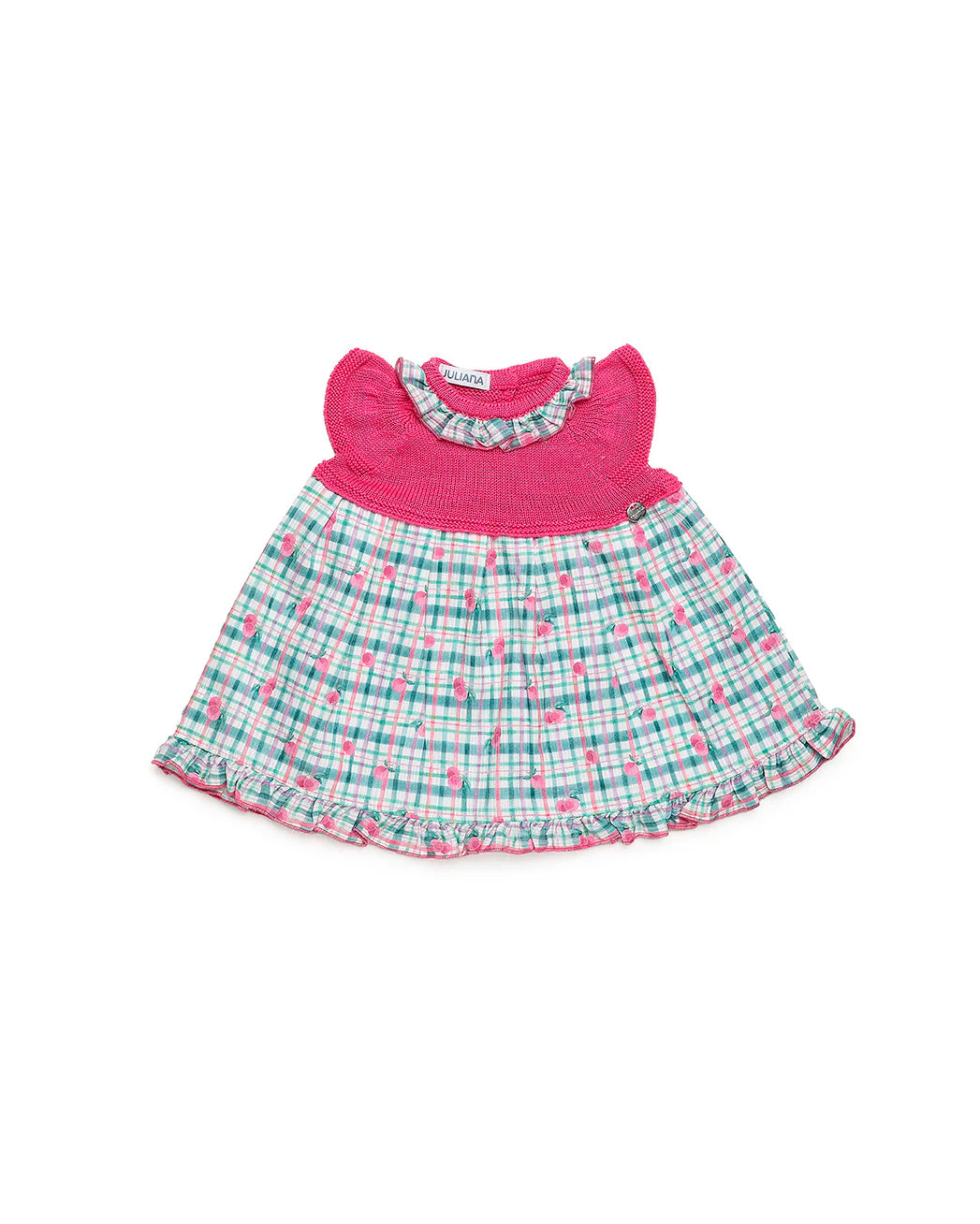Vestido talle tejido color fresa falda a cuadros