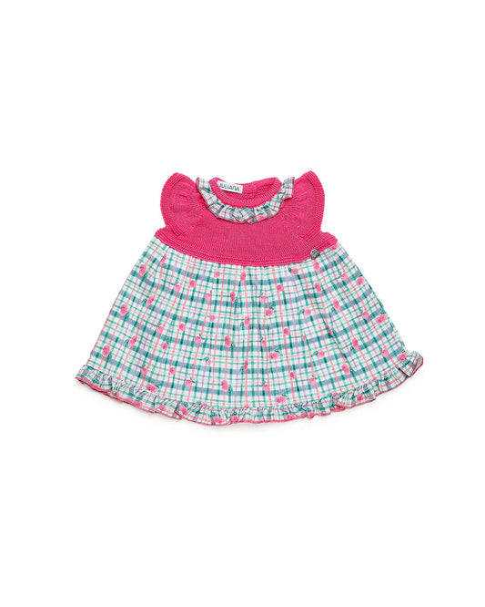 Vestido talle tejido color fresa falda a cuadros