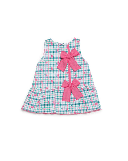 Vestido cuadros verdes/cerezas con 2 moños rosas