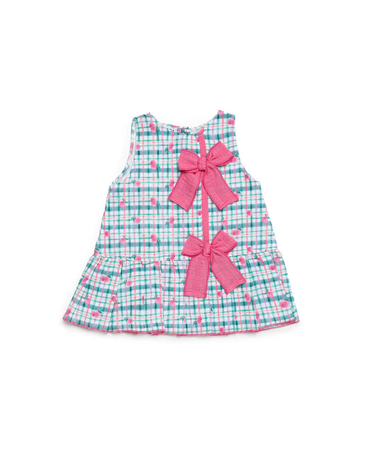 Vestido cuadros verdes/cerezas con 2 moños rosas